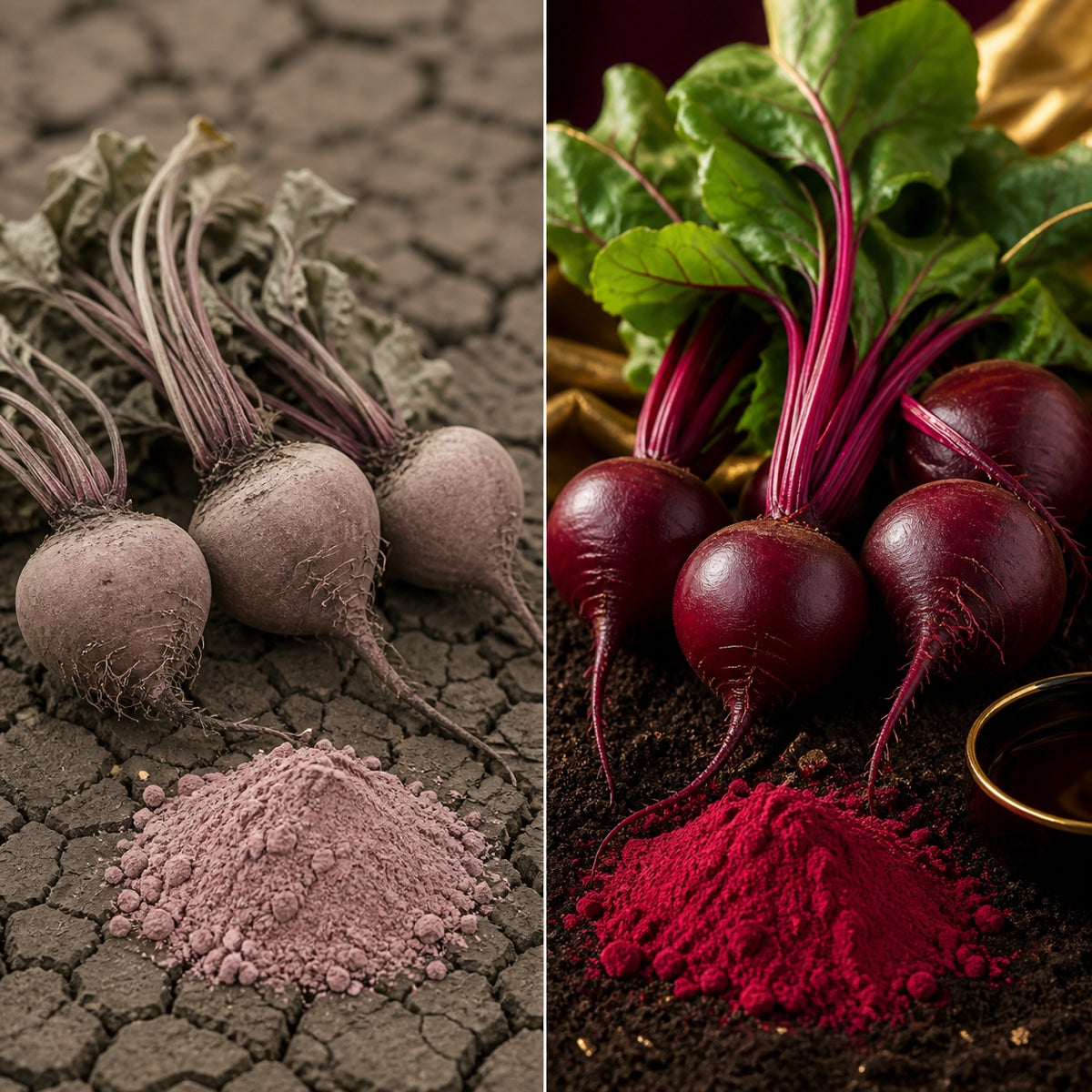 Dull shriveled mass-farmed beets and pale powder versus fresh vibrant Resetiva beets and deep-red powder