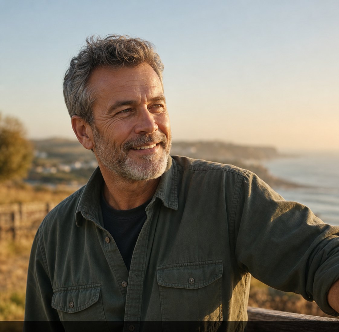 Confident man in his fifties outdoors at sunset, energized